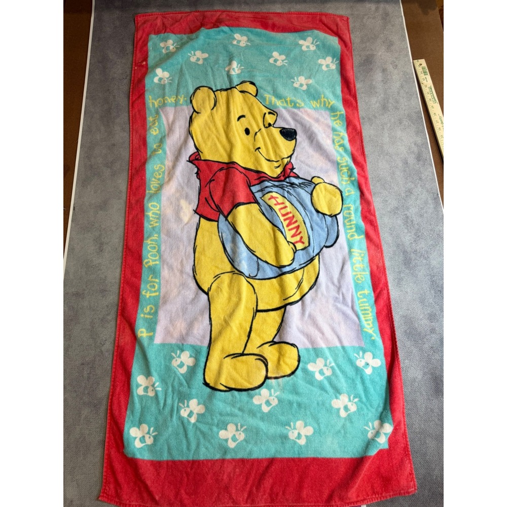 Vintage Disney Winnie the Pooh Cotton Beach Towel Hunny Pot Teal Red 26x52